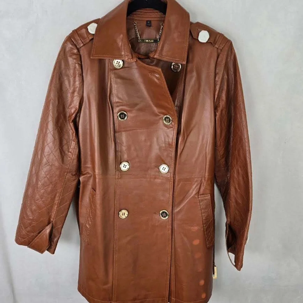 Women's Brown Leather Double-Breasted Trench Coat - Picture 2 of 11
